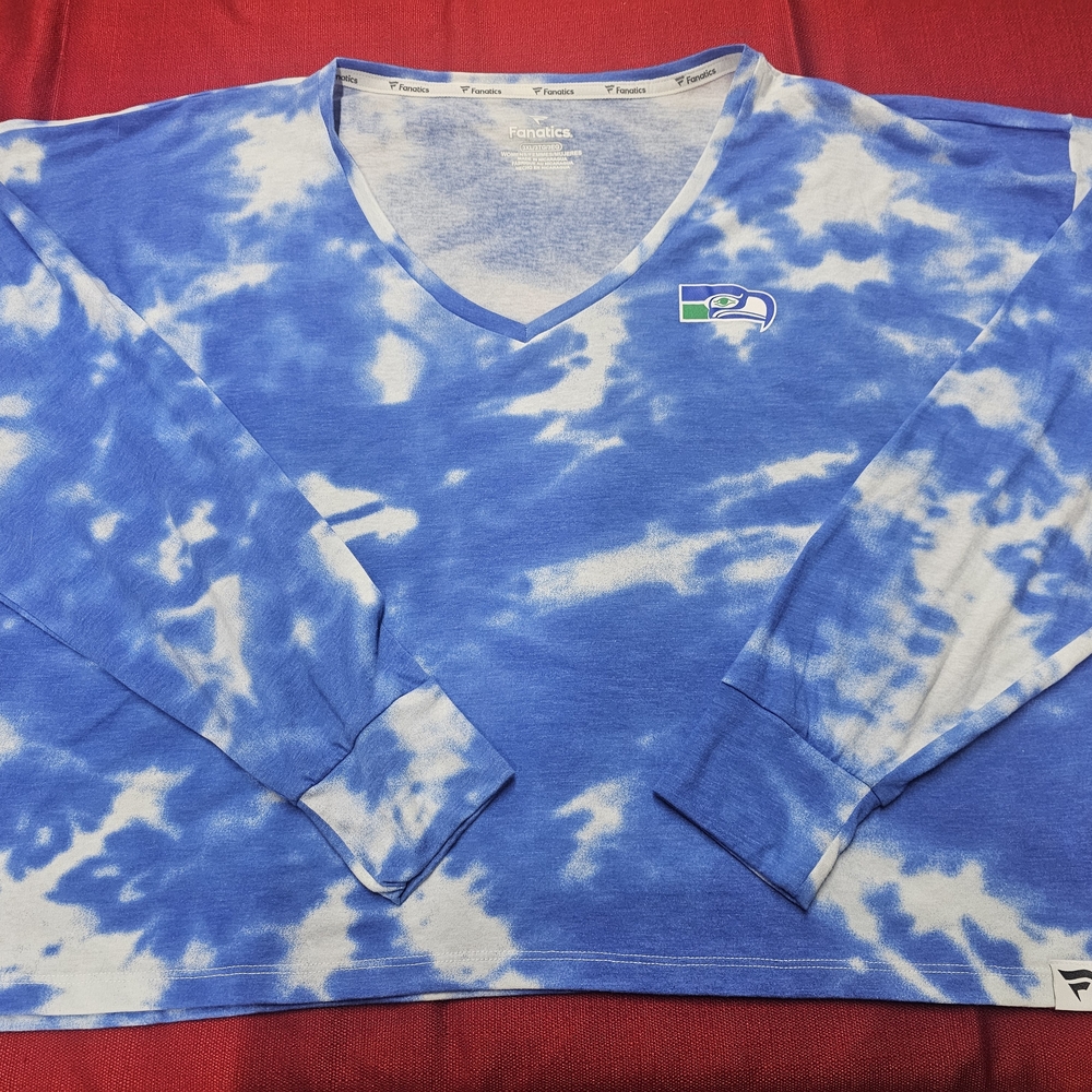 Women's Seattle Seahawks Fanatics Tie-Dye V-Neck LS T-Shirt  White/Royal-3XL‎